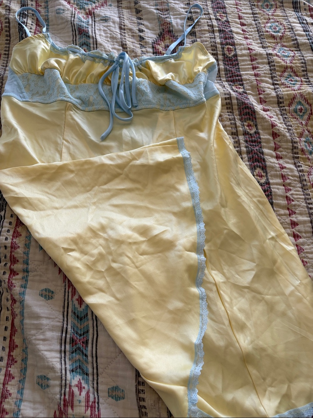 Frankie's Bikinis Yellow Satin Chemise with Light Blue Lace - Picture 4 of 4